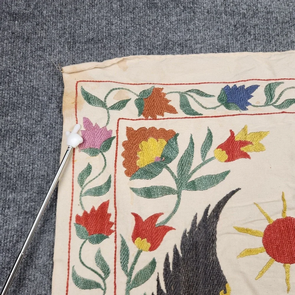 Vintage Uzbek Suzani Hand Embroidered Pegasus Winged Horse Floral Textile 31x21